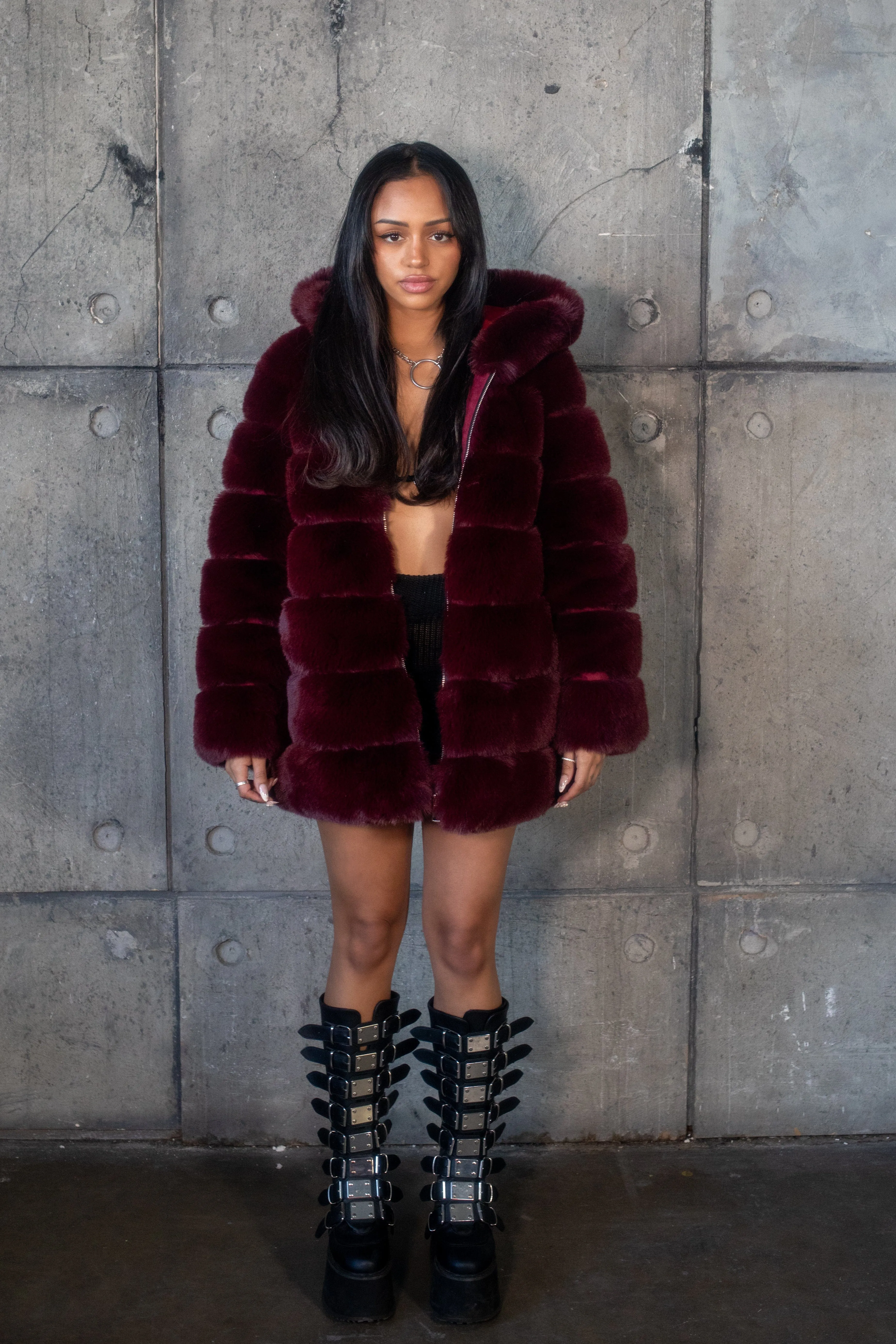 LUXE Chocolate Burgundy Faux Fur Coat